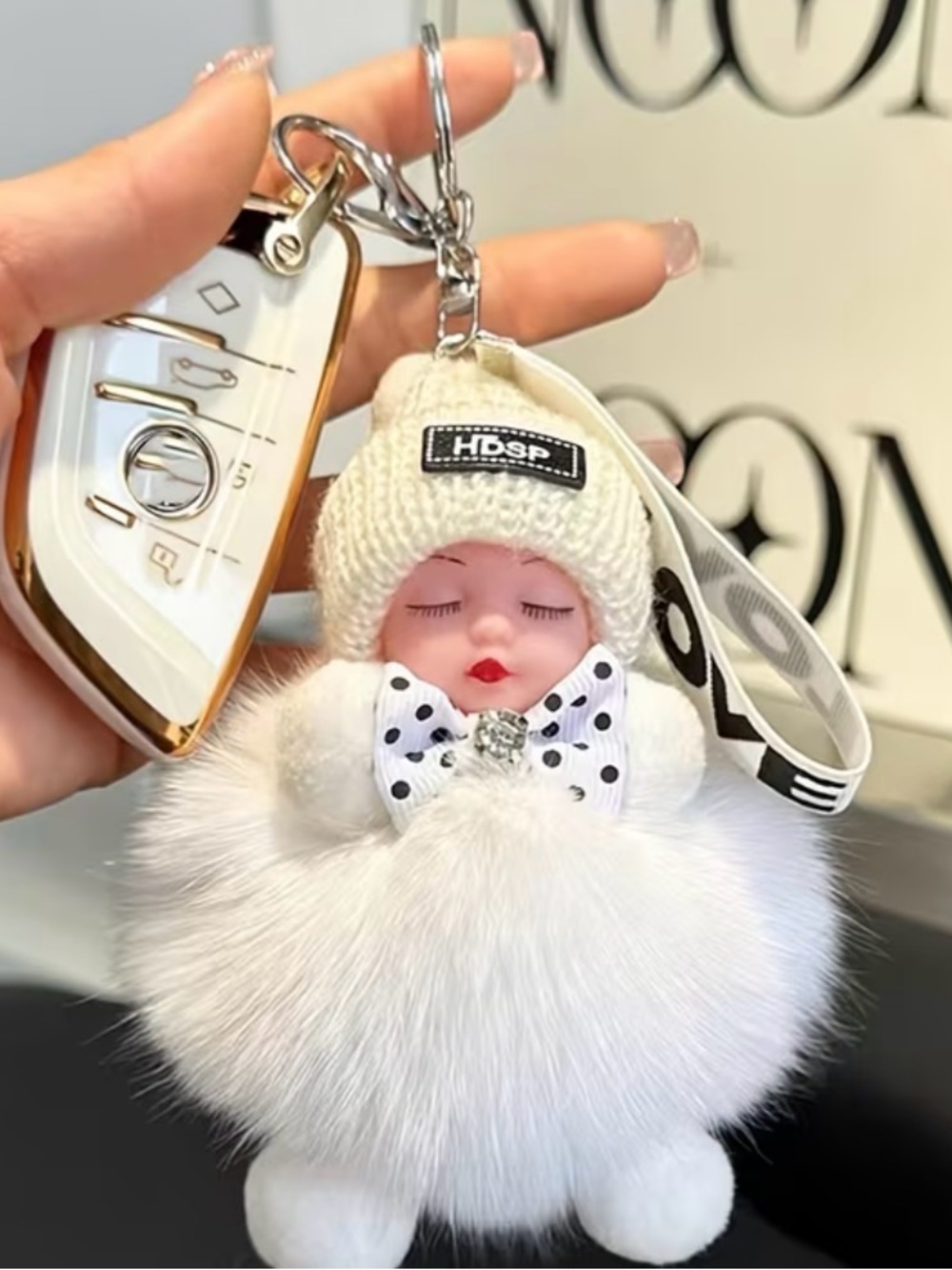 White Plush Baby Doll Pom-Pom Keychain with Knit Hat